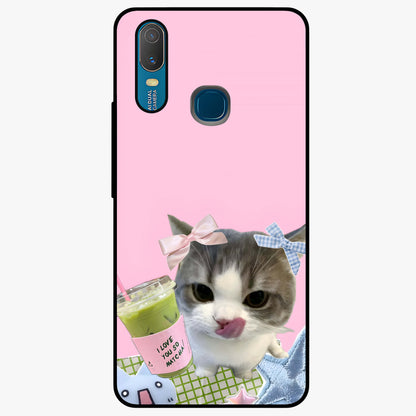 Love Matcha Cat Glass Case showing flat back view with cute cat and matcha themed artwork and glossy glass finish.