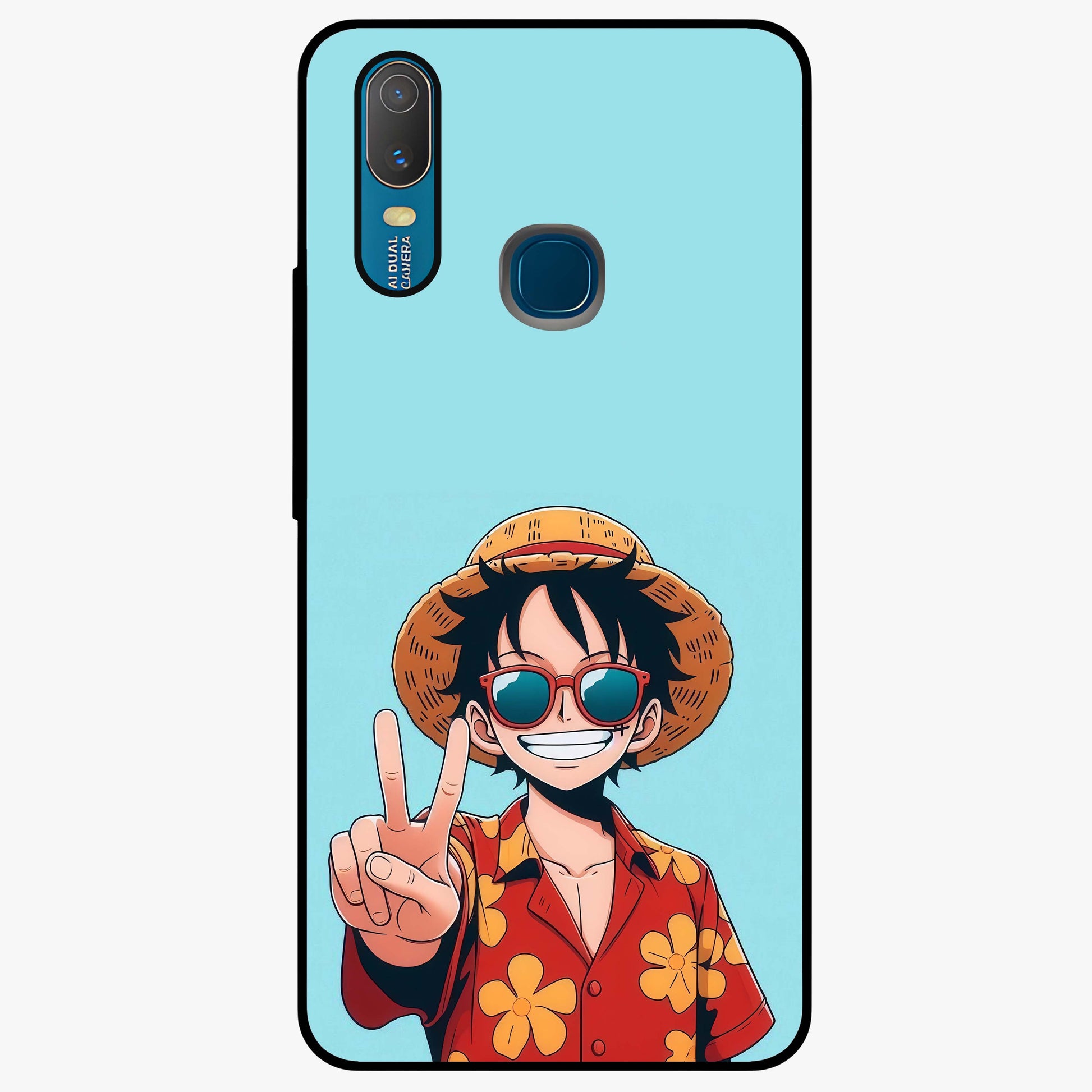 Luffy Summer Anime Vibe Glass Case showing flat back view with vibrant anime character artwork and glossy glass finish.