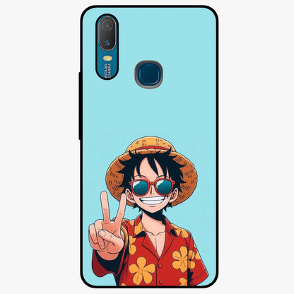Luffy Summer Anime Vibe Glass Case showing flat back view with vibrant anime character artwork and glossy glass finish.