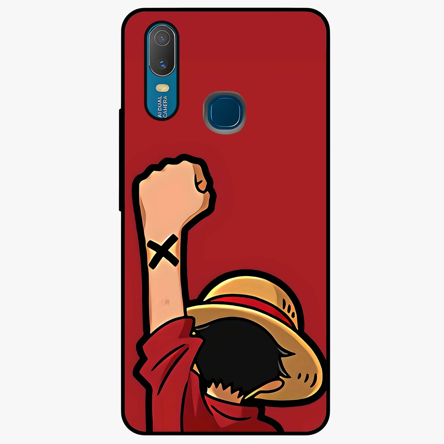 Luffy X Spirit Glass Case showing flat back view with bold anime character artwork and glossy glass finish.