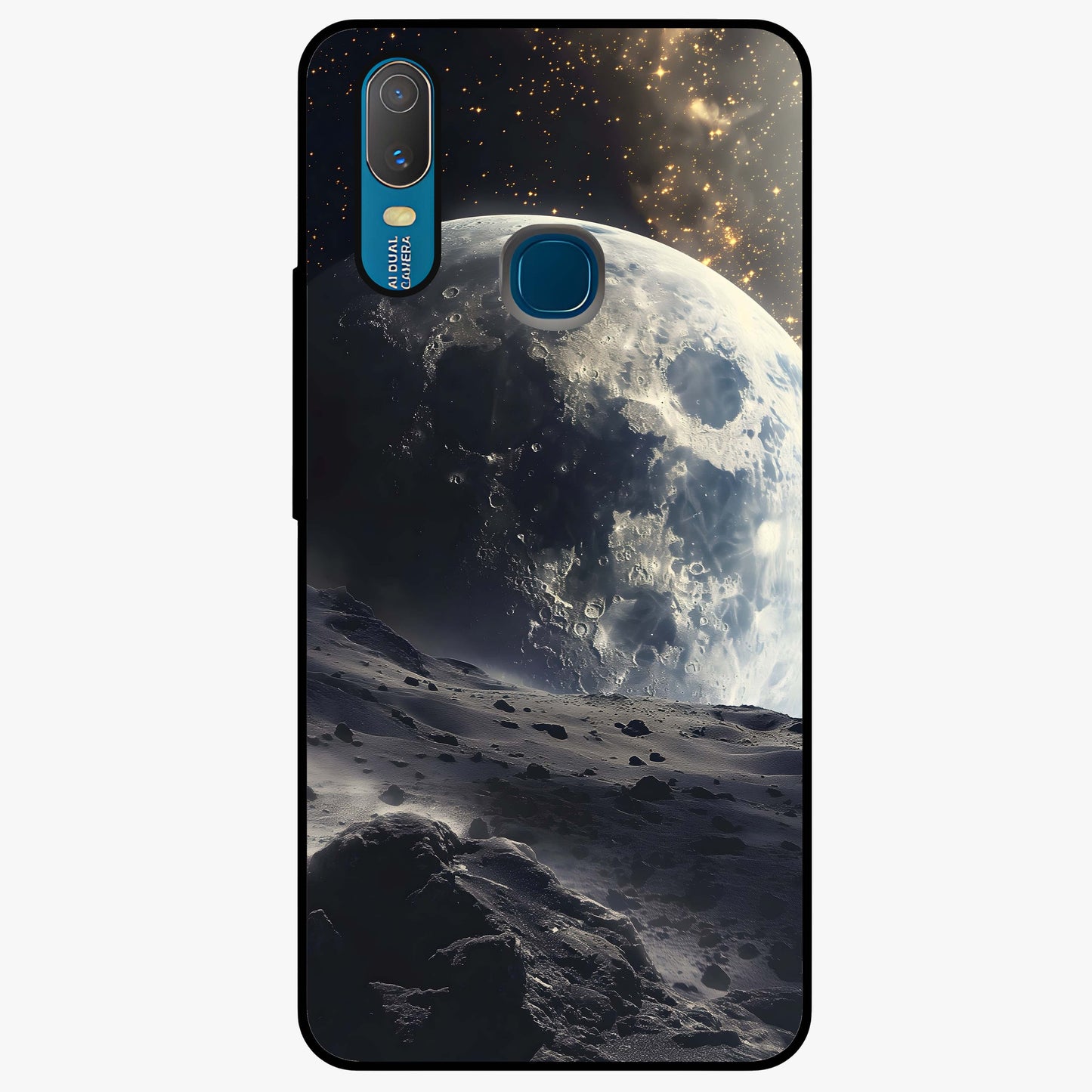 Lunar Horizon Glow Glass Case showing flat back view with glowing moon horizon artwork and glossy glass finish.