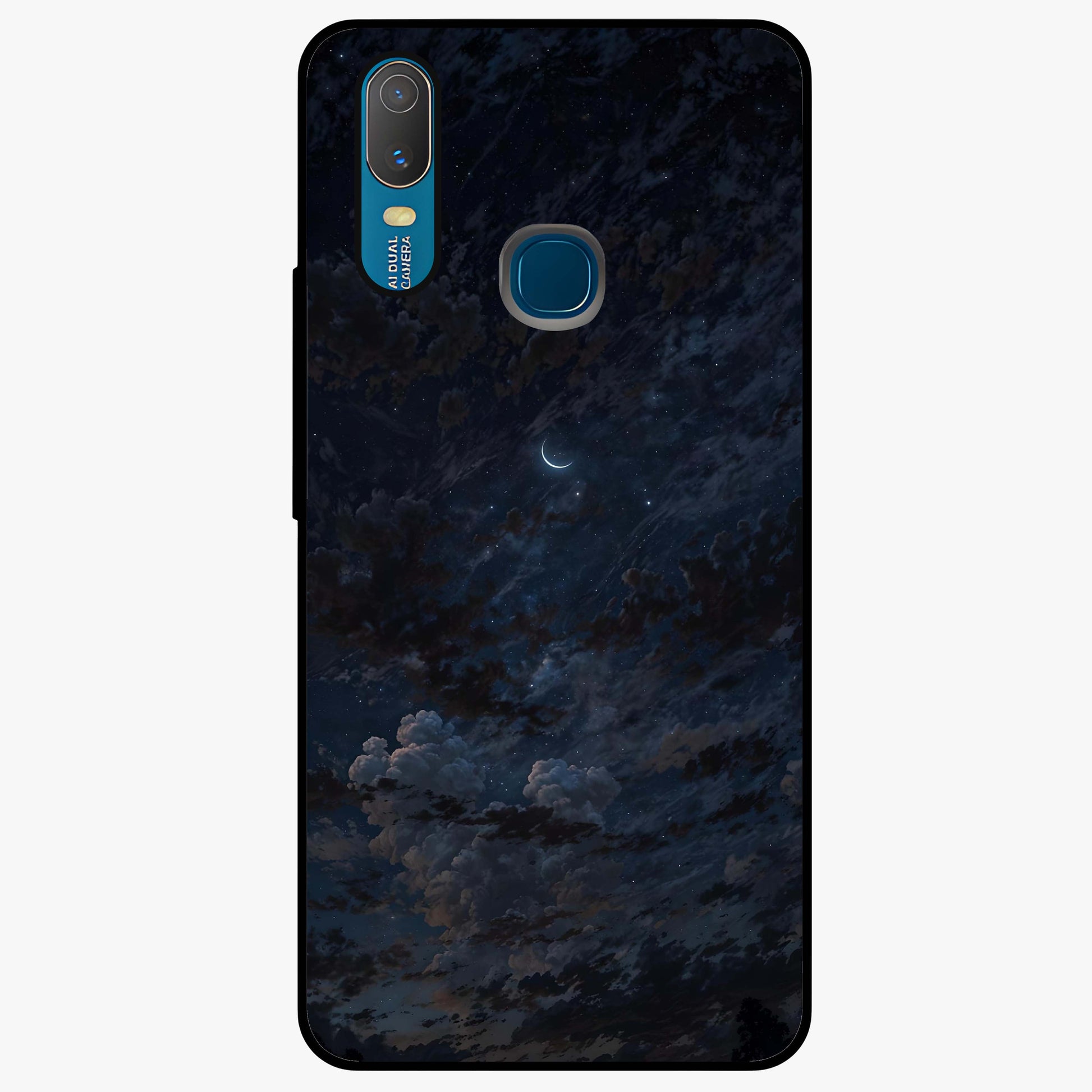 Lunar Veil Silence Glass Case showing flat back view with mystical moon veil artwork and glossy glass finish.
