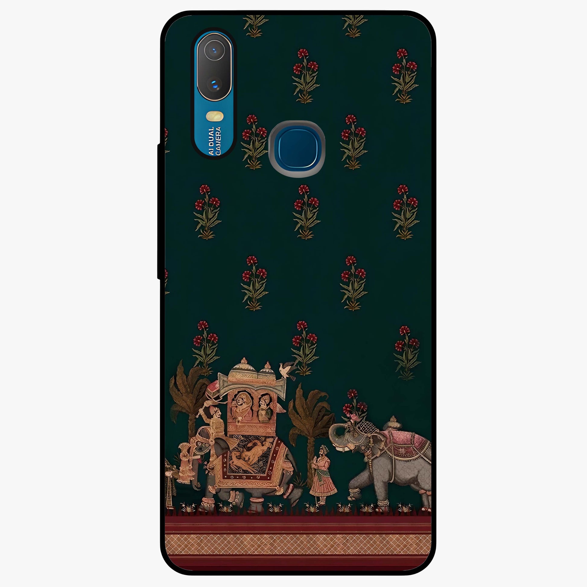 Macmerise Glass Case showing flat back view with stylish modern artwork and glossy glass finish.