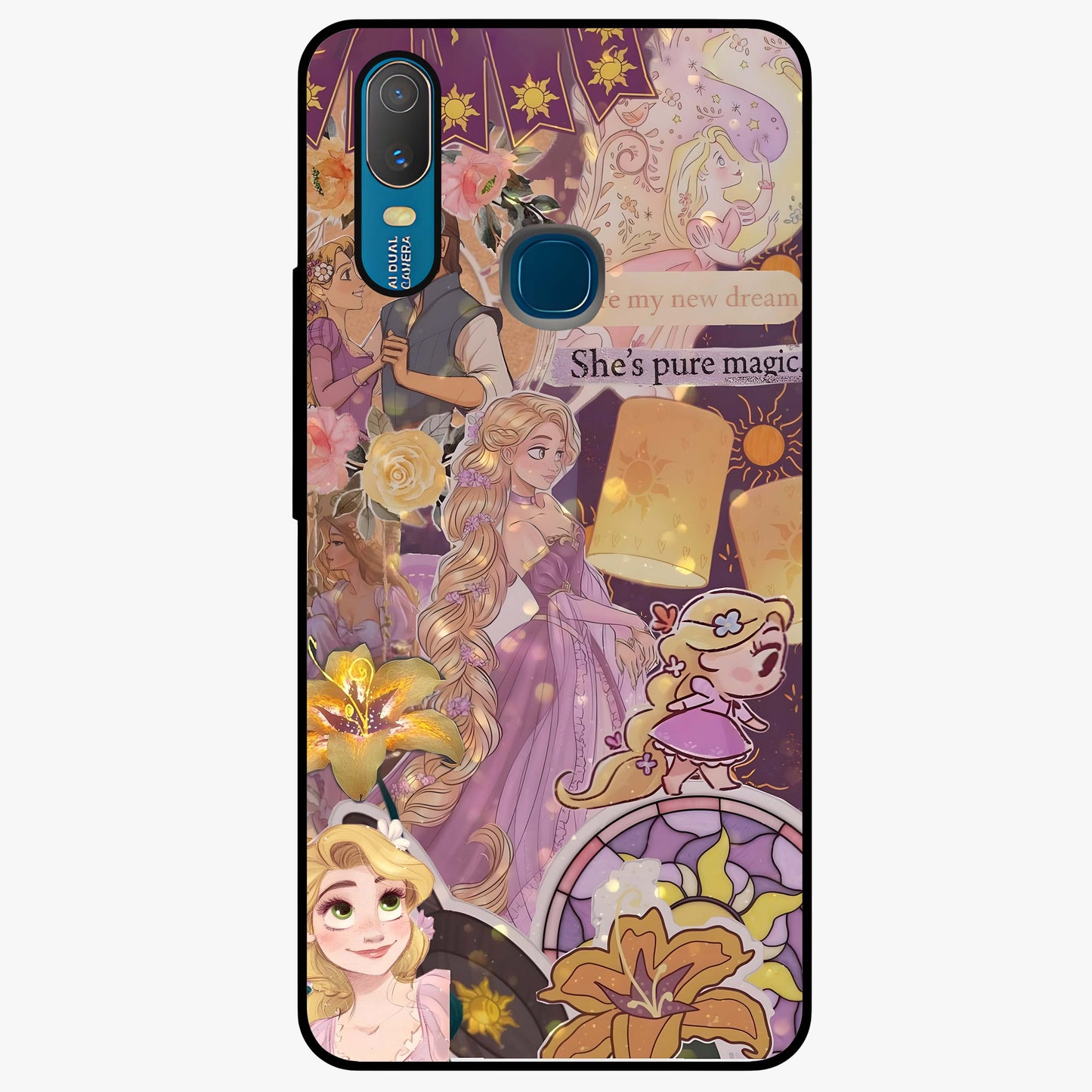 Magical Tangled Dream Glass Case showing flat back view with dreamy tangled artwork and glossy glass finish.