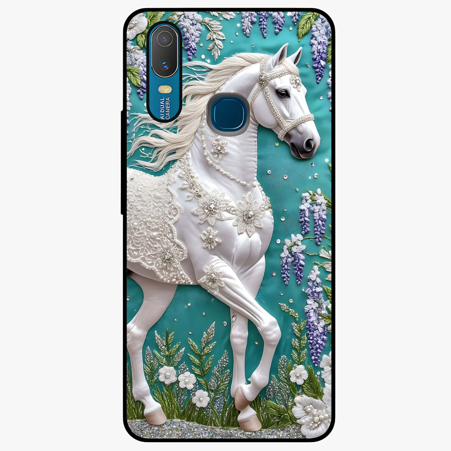 Majestic Floral Stallion Glass Case showing flat back view with powerful horse and floral artwork and glossy glass finish.