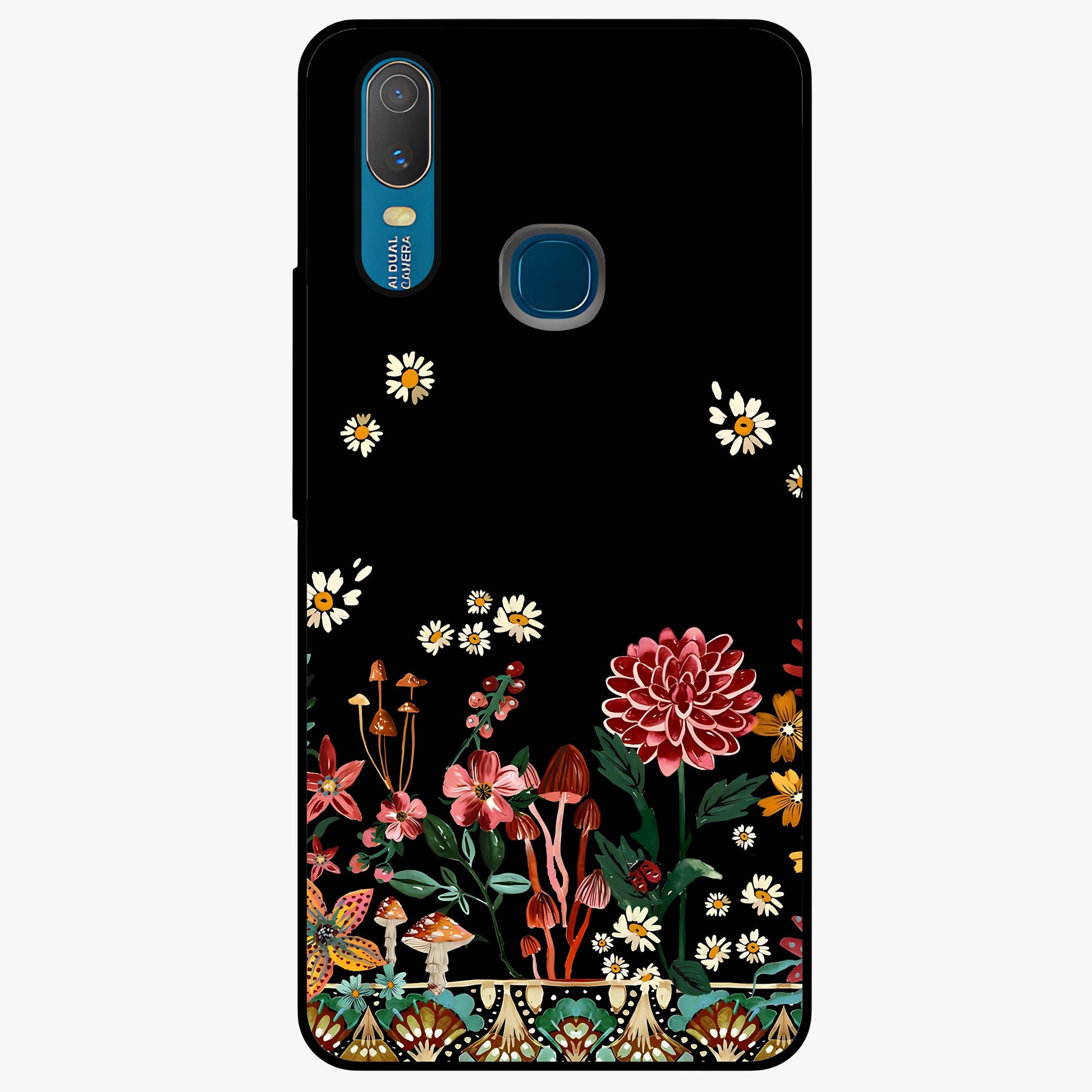 Midnight Bloom Pattern Glass Case showing flat back view with dark floral pattern artwork and glossy glass finish.