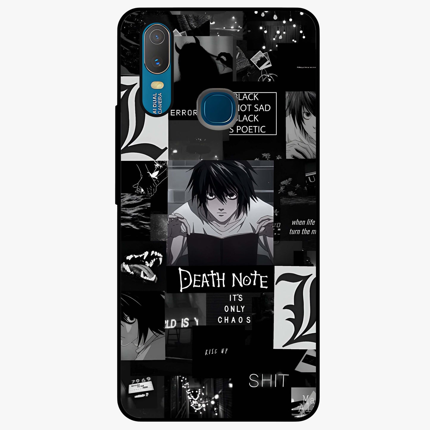 Midnight Chaos Mind Glass Case showing flat back view with abstract dark themed artwork and glossy glass finish.