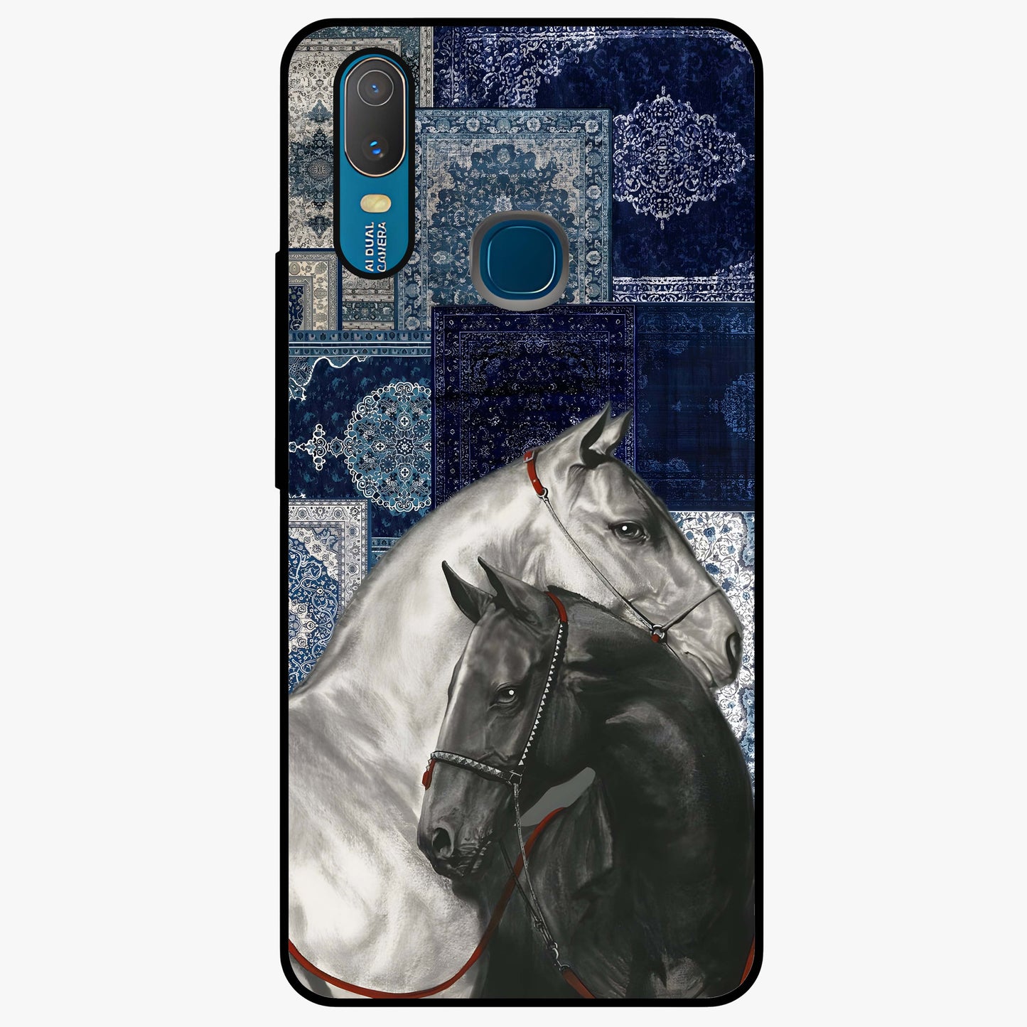 Midnight Stallion Blues Glass Case showing flat back view with majestic horse artwork and glossy glass finish.