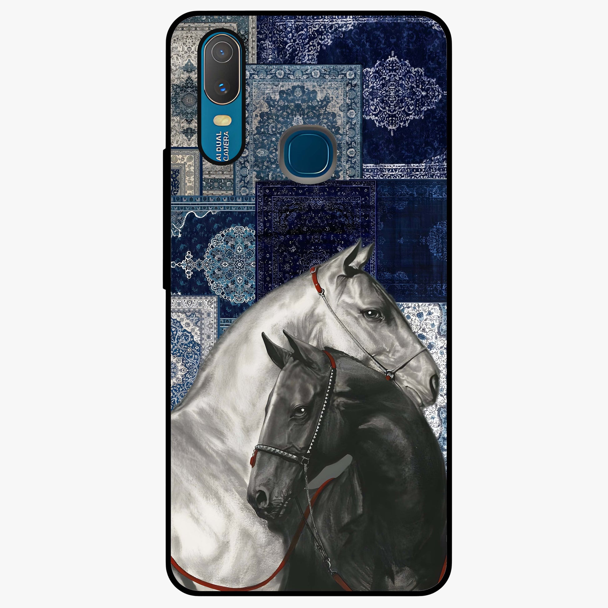 Midnight Stallion Blues Glass Case showing flat back view with majestic horse artwork and glossy glass finish.