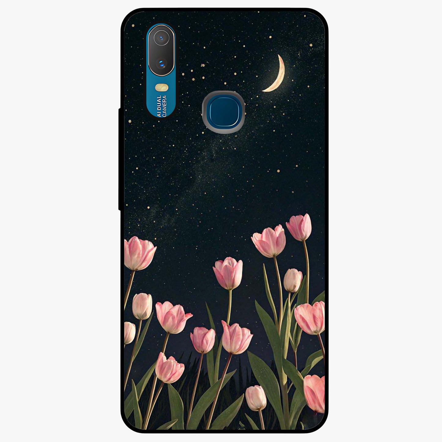 Midnight Tulip Whispers Vibe Glass Case showing flat back view with elegant tulip flower artwork and glossy glass finish.