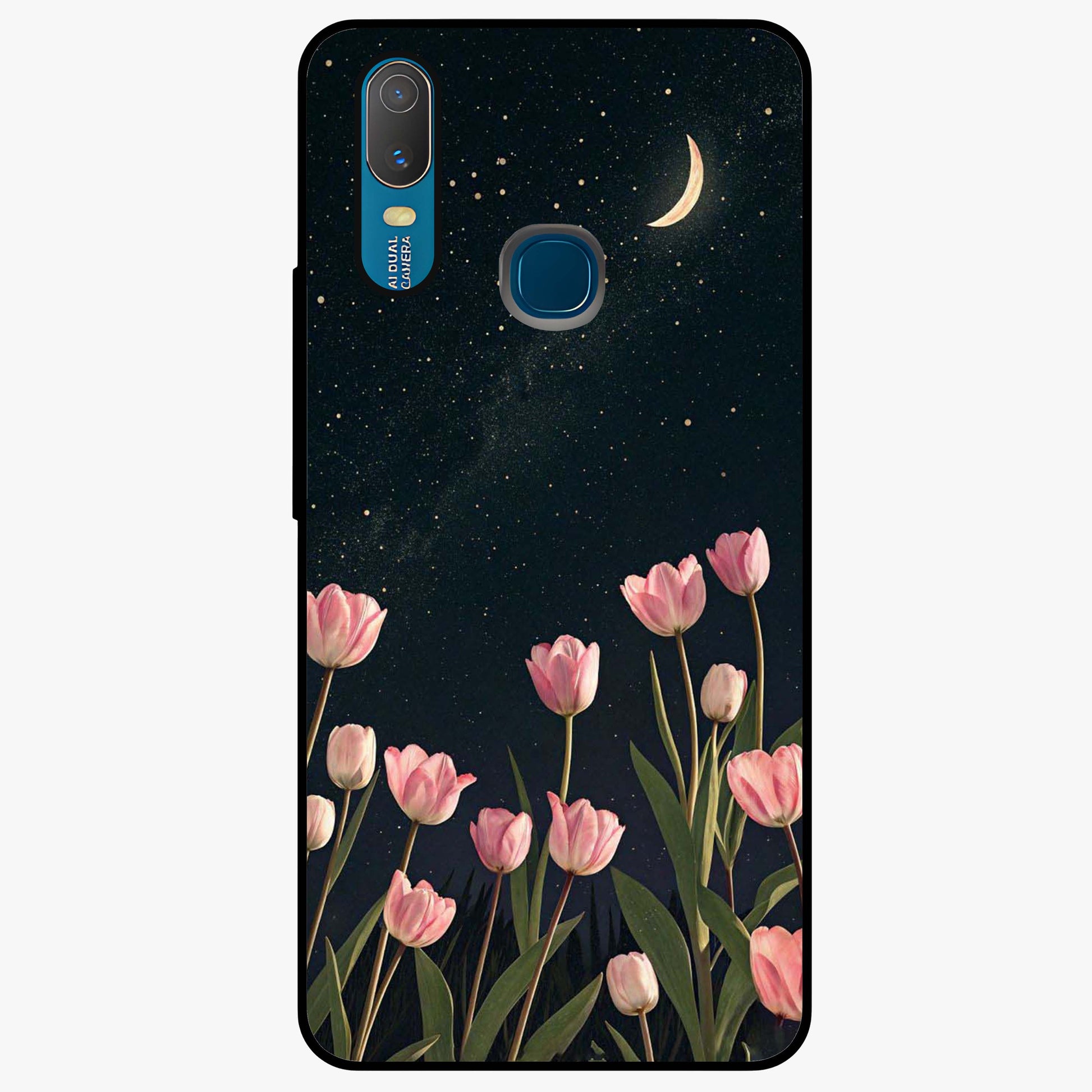 Midnight Tulip Whispers Vibe Glass Case showing flat back view with elegant tulip flower artwork and glossy glass finish.
