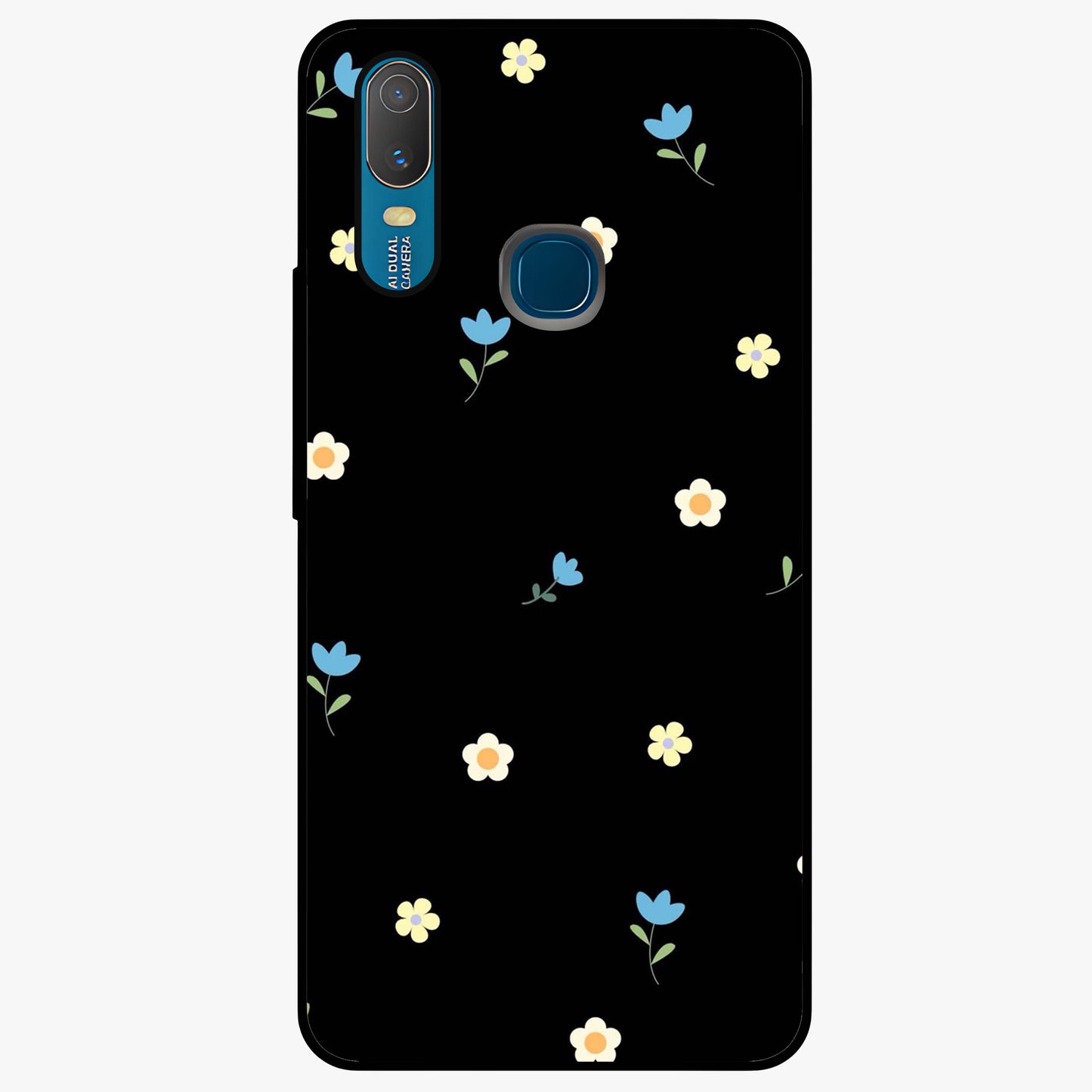 Minimalistic Blue With White Flower Pattern Glass Case showing flat back view with blue background and white flower pattern and glossy glass finish.