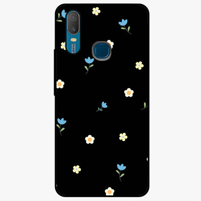 Minimalistic Blue With White Flower Pattern Glass Case showing flat back view with blue background and white flower pattern and glossy glass finish.