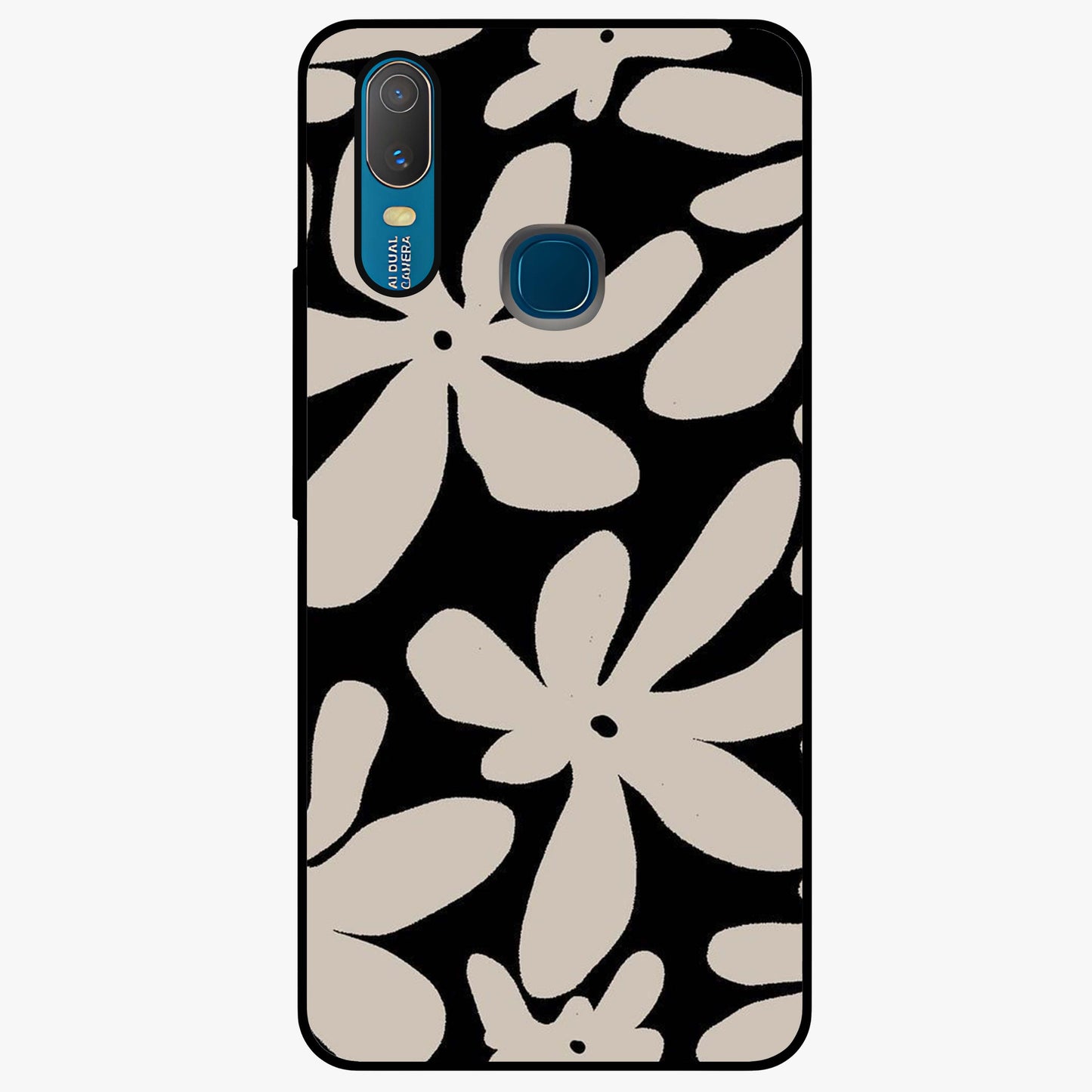 Monochrome Petal Dance Glass Case showing flat back view with monochrome floral artwork and glossy glass finish.