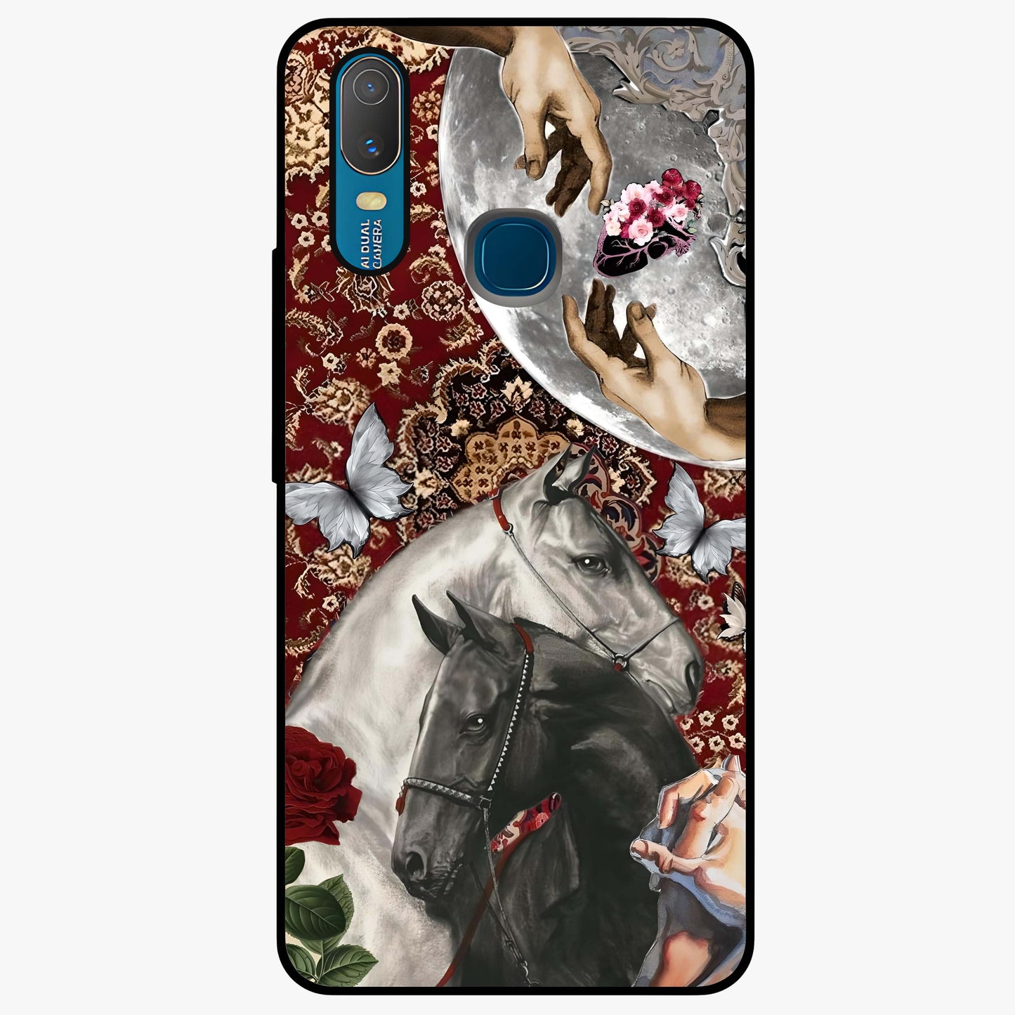 Moonlit Royal Stallion Glass Case showing flat back view with majestic horse under moonlight artwork and glossy glass finish.