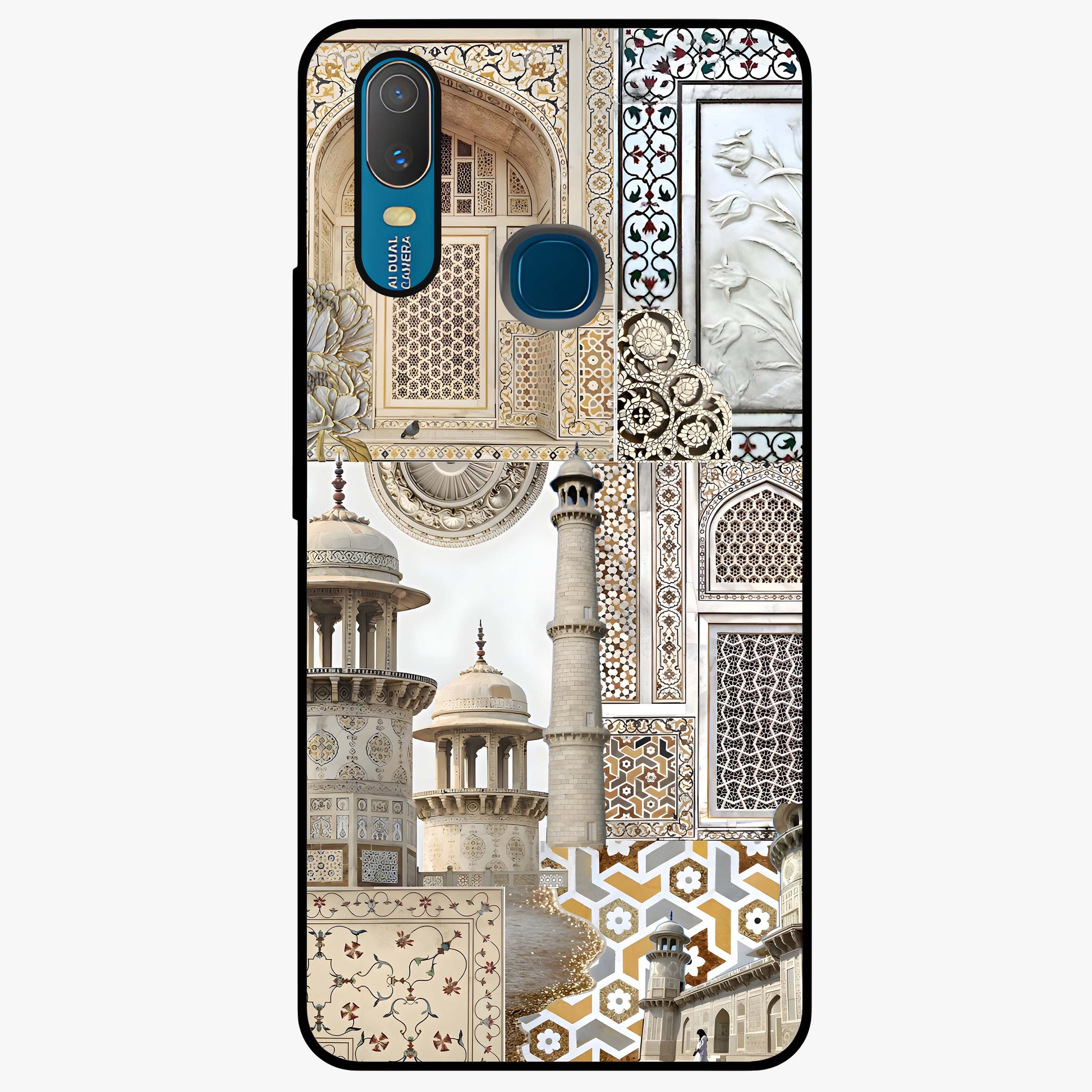 Mughal Marble Legacy Glass Case showing flat back view with intricate Mughal inspired marble pattern and glossy glass finish.