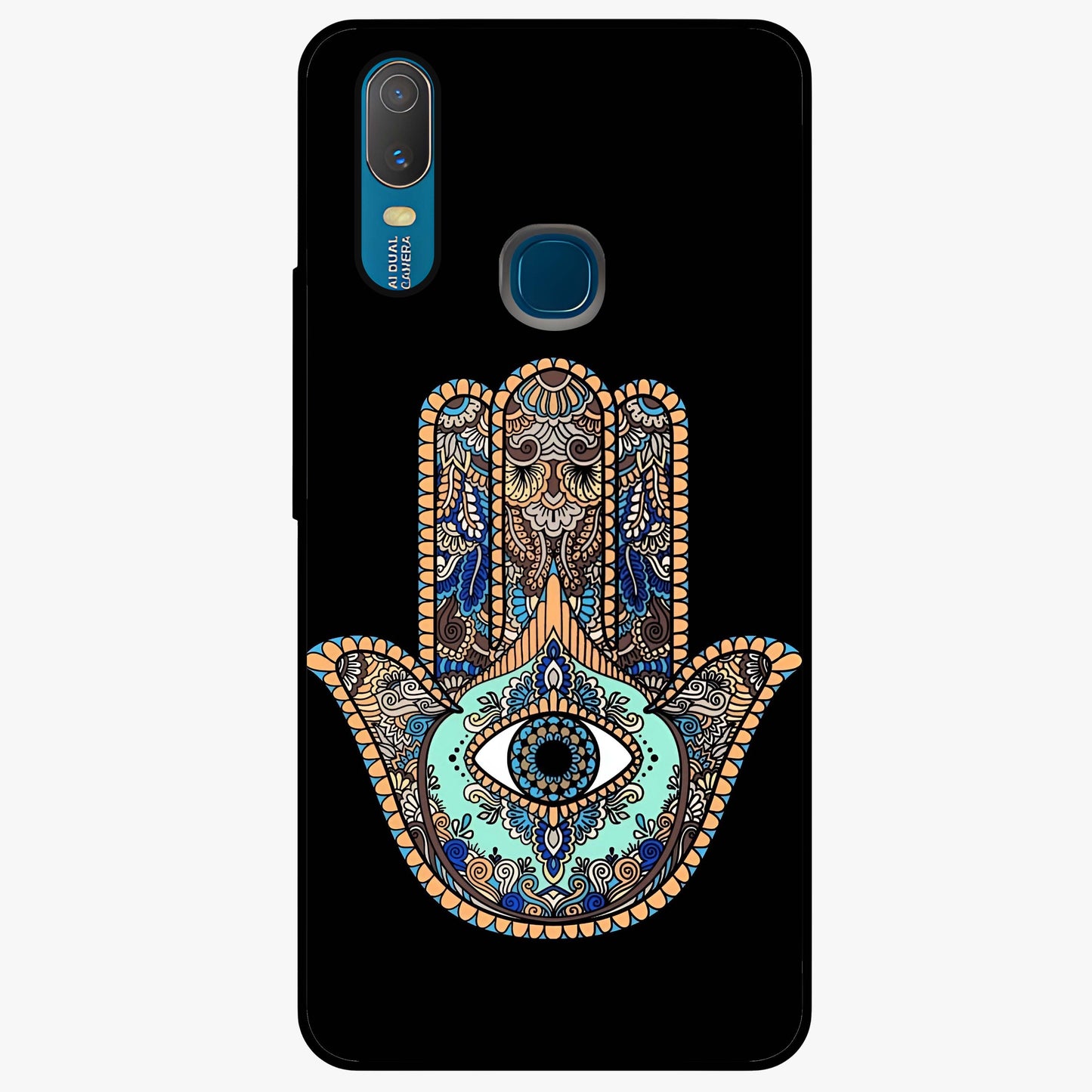 Mystic Hamsa Eye Glass Case showing flat back view with protective hamsa hand and evil eye artwork and glossy glass finish.