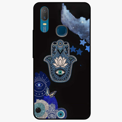Mystic Hand Aura Glass Case showing flat back view with mystical hand symbol artwork and glossy glass finish.