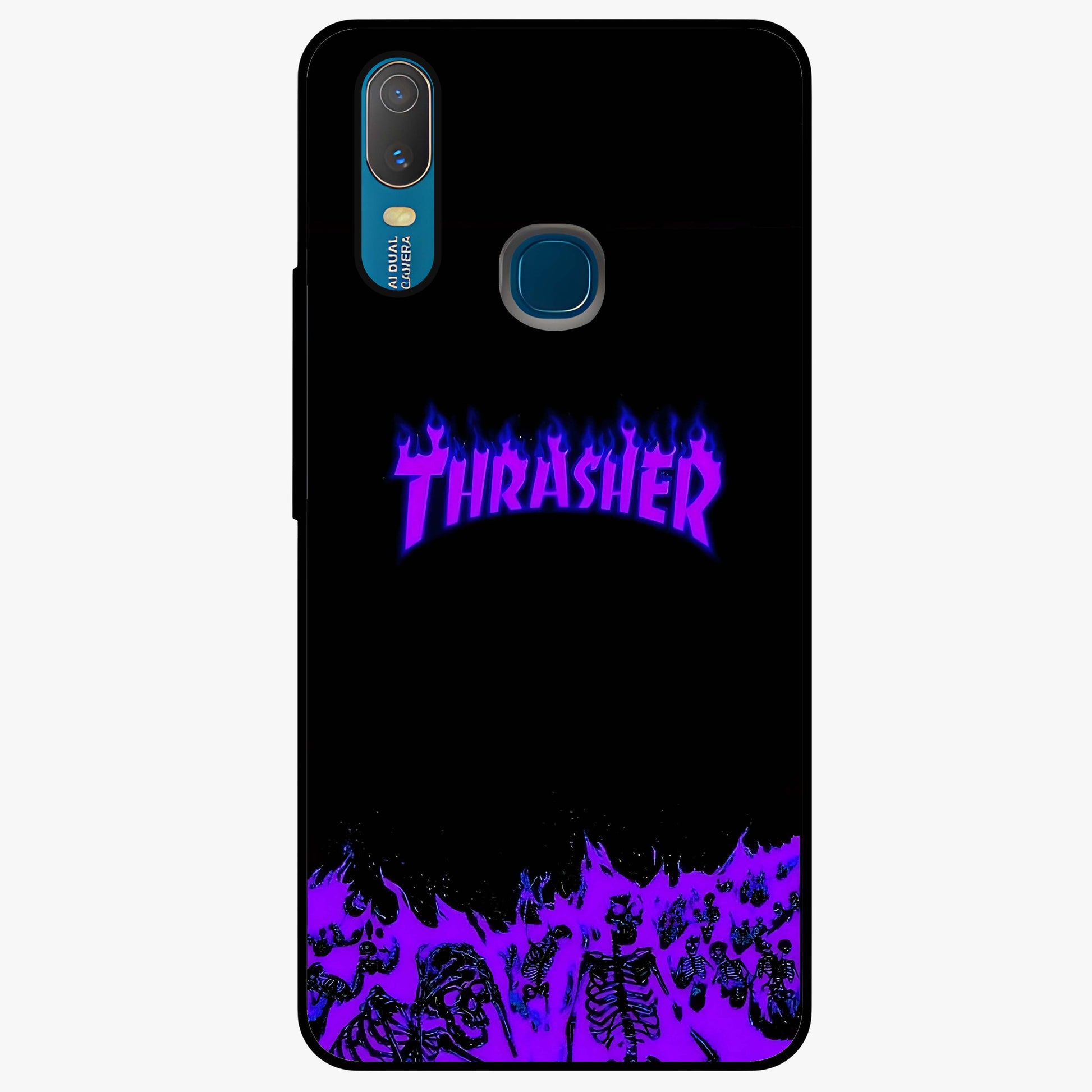 Neon Flame Riot Glass Case showing flat back view with neon flame artwork and glossy glass finish.