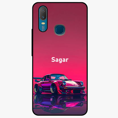 Neon Pink Porsche Glass Case showing flat back view with stylish sports car artwork and glossy glass finish.