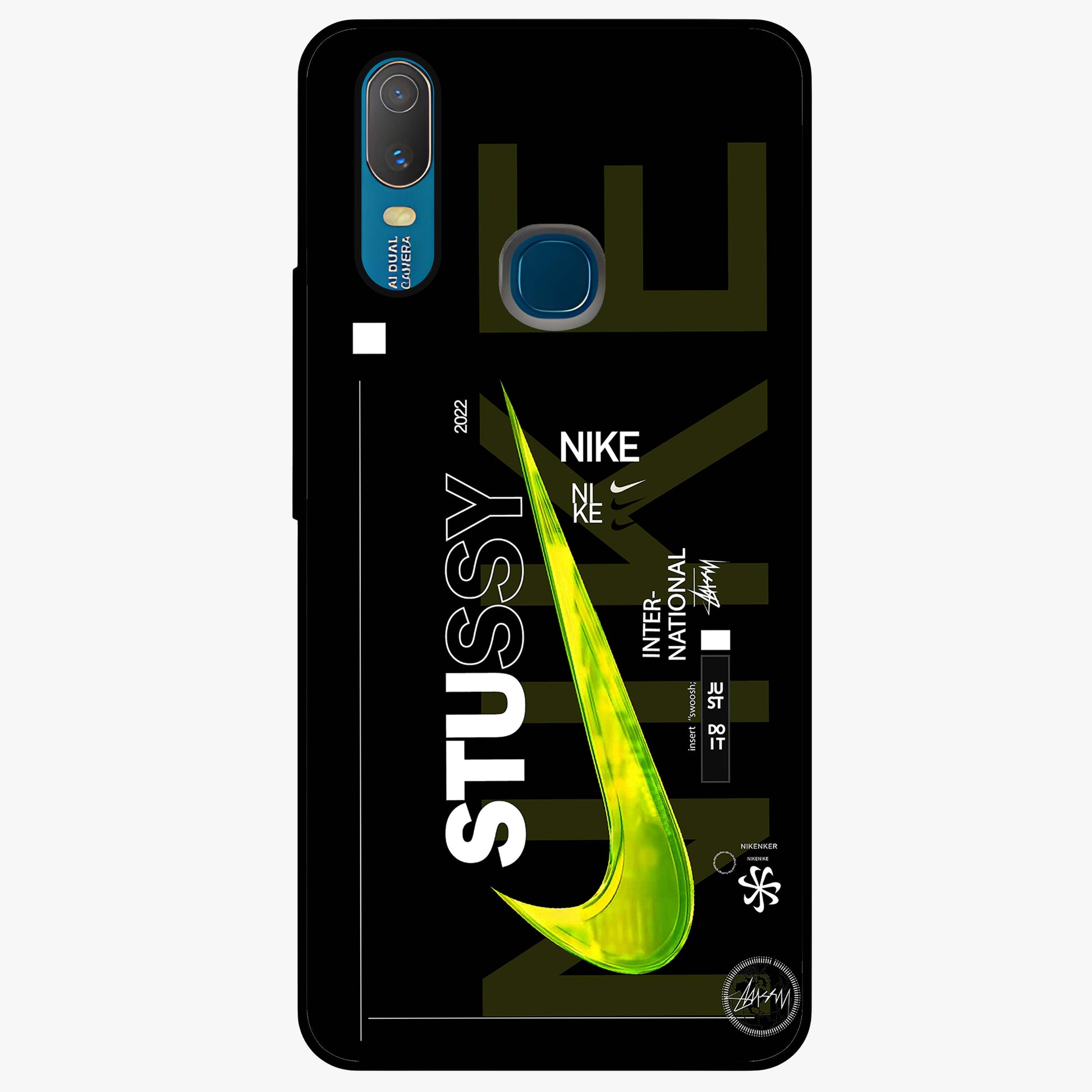 Neon Street Edition Glass Case showing flat back view with neon street style artwork and glossy glass finish.