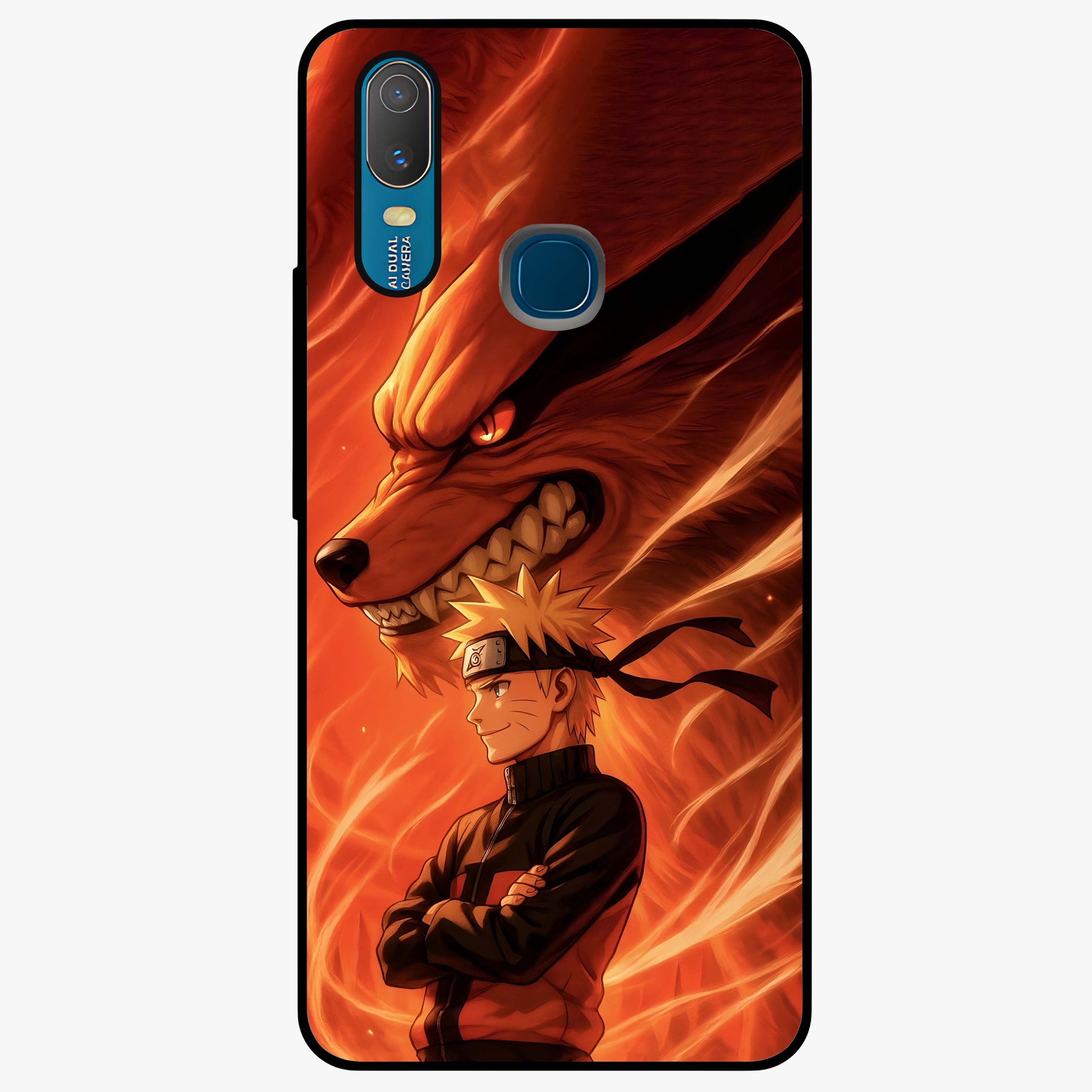 Nine Tails Legacy Glass Case showing flat back view with powerful nine-tailed fox inspired artwork and glossy glass finish.