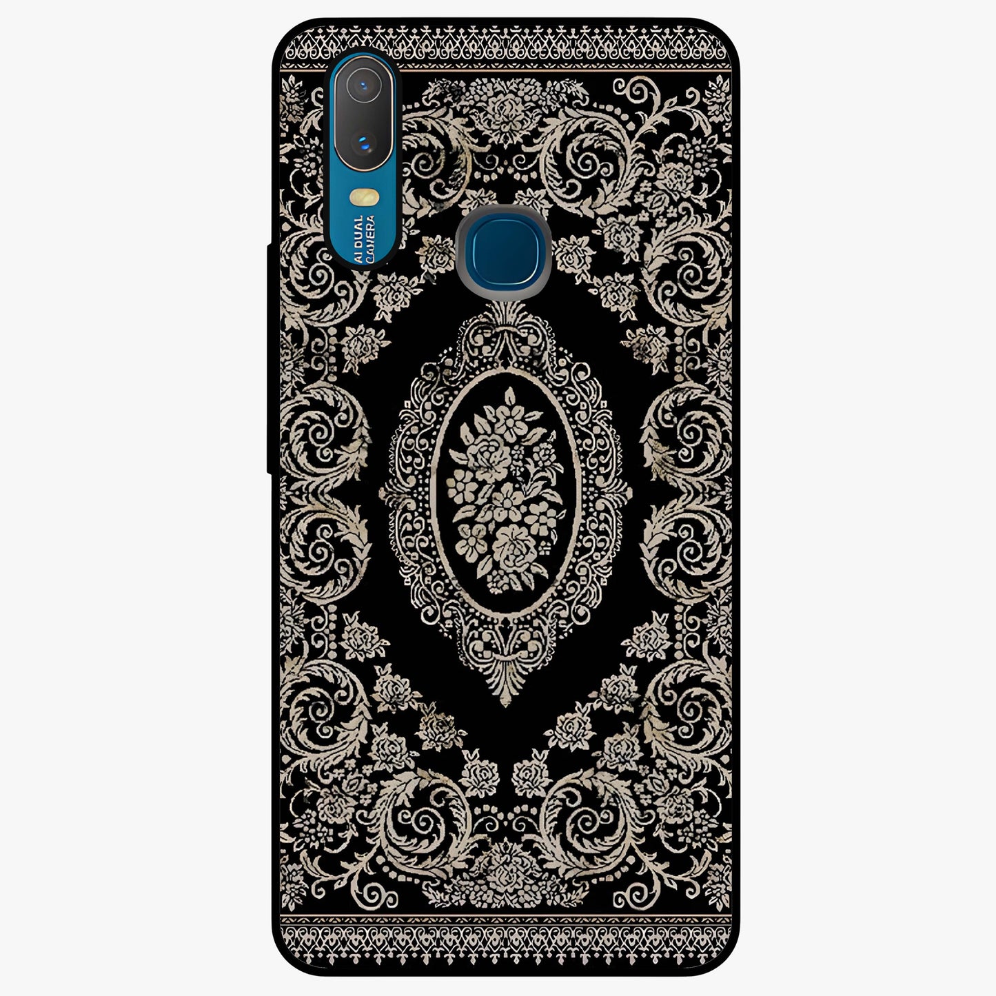 Noir Bloom Elegance Glass Case showing flat back view with elegant dark floral artwork and glossy glass finish.