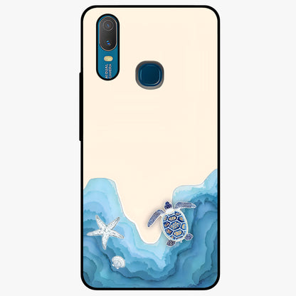 Ocean Drift Turtle Glass Case showing flat back view with sea turtle artwork and glossy glass finish.