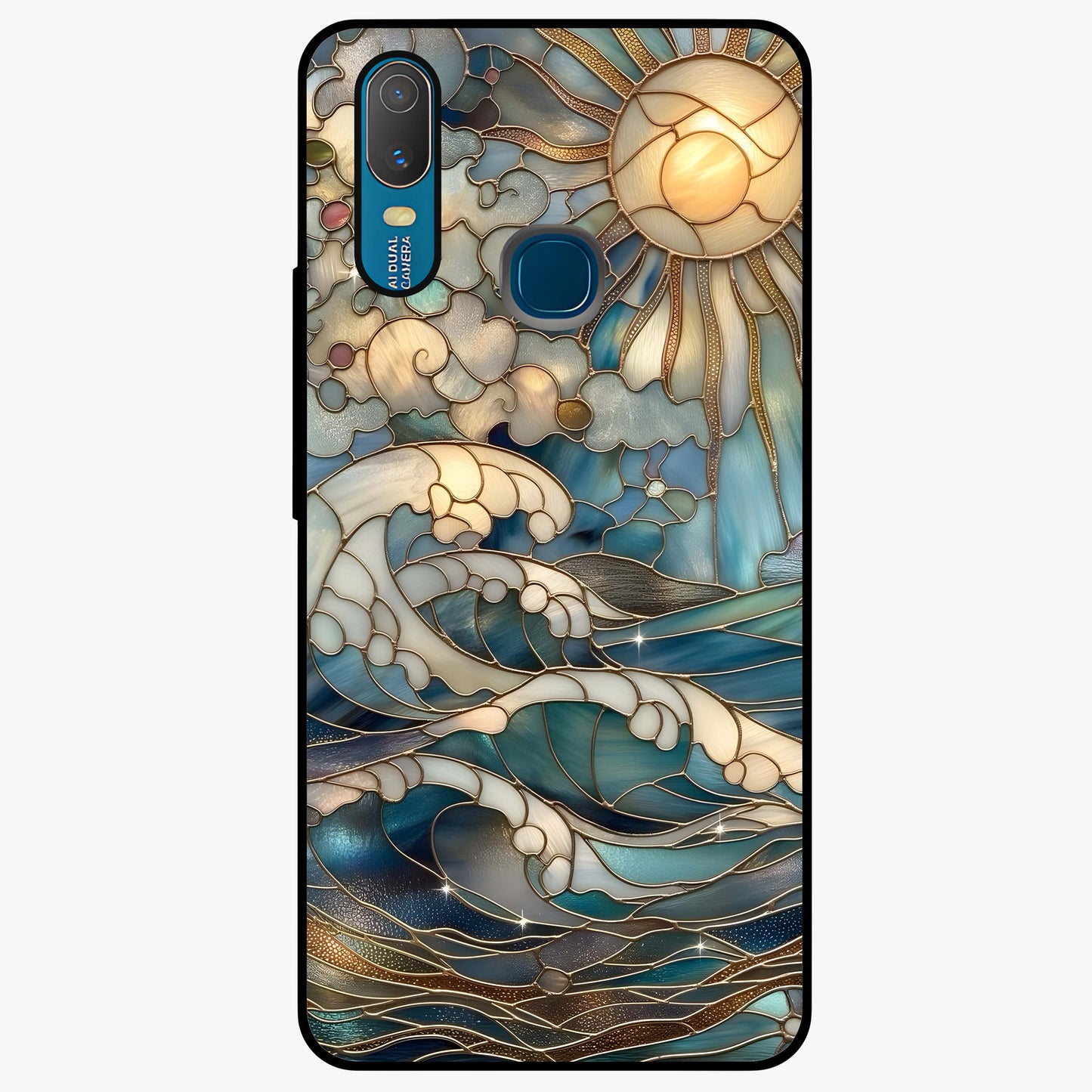 Oceanic Stained Printed Glass Case showing flat back view with ocean inspired stained pattern artwork and glossy glass finish.