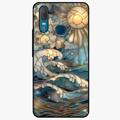 Oceanic Stained Printed Glass Case showing flat back view with ocean inspired stained pattern artwork and glossy glass finish.