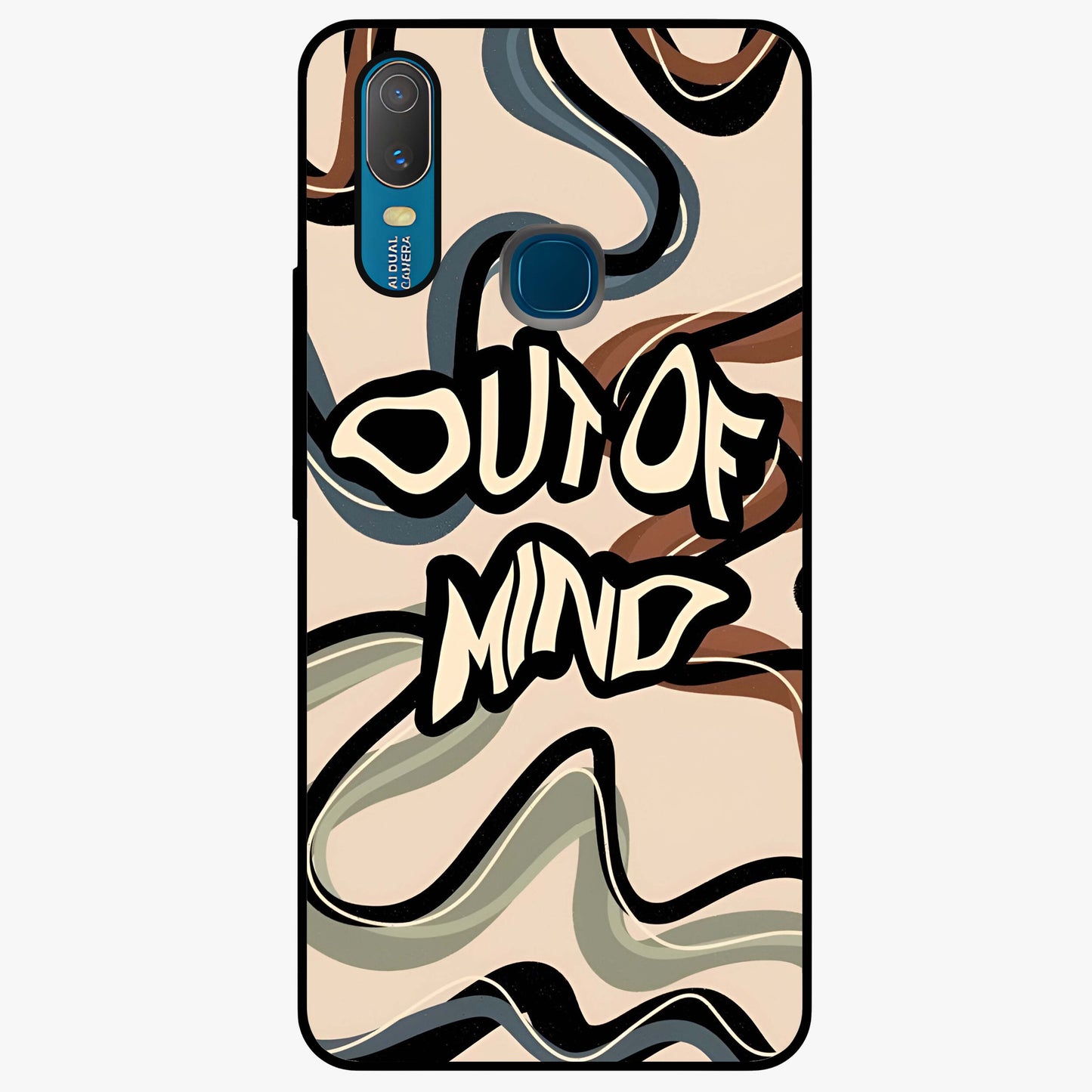 Out Of Mind Glass Case showing flat back view with expressive typography artwork and glossy glass finish.