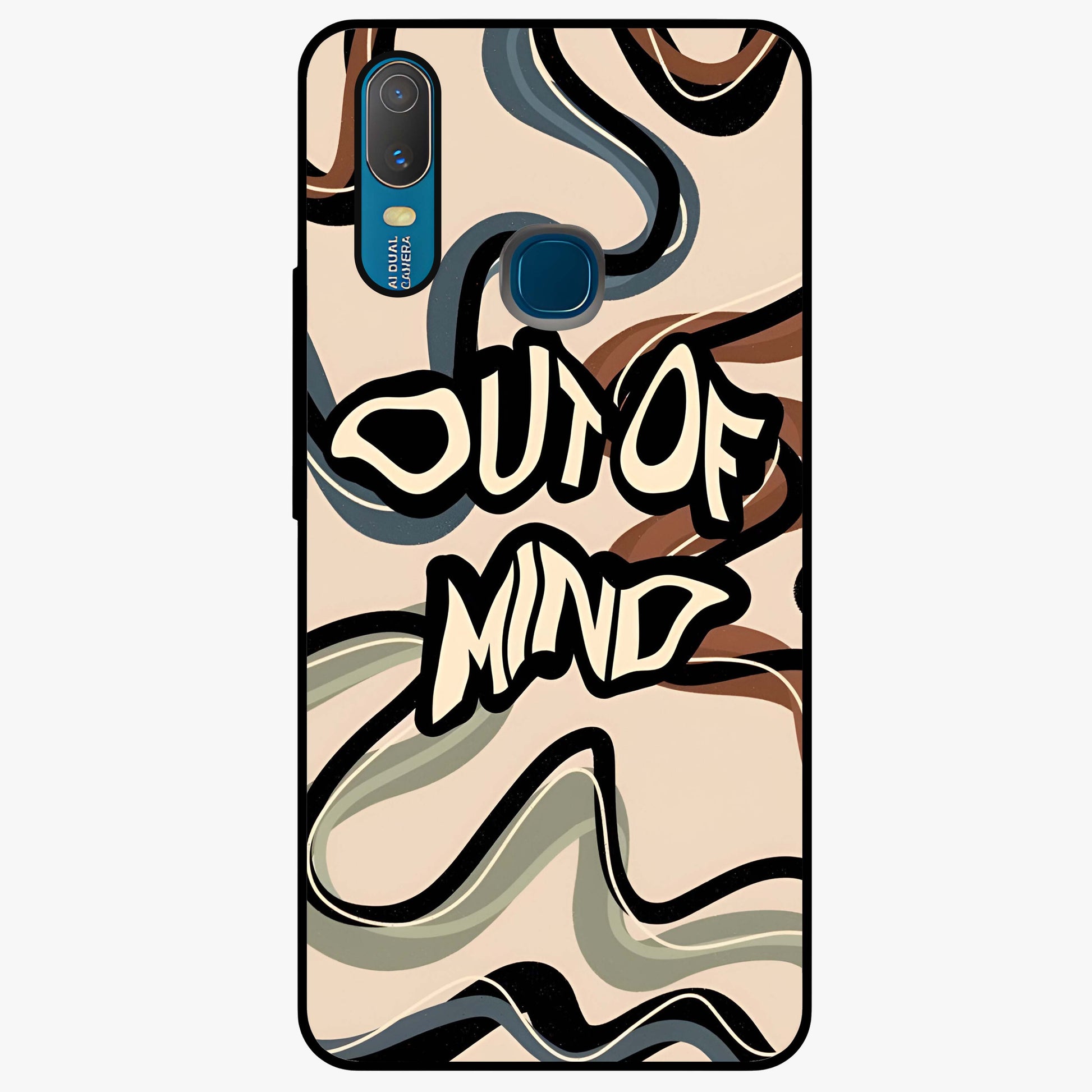 Out Of Mind Glass Case showing flat back view with expressive typography artwork and glossy glass finish.