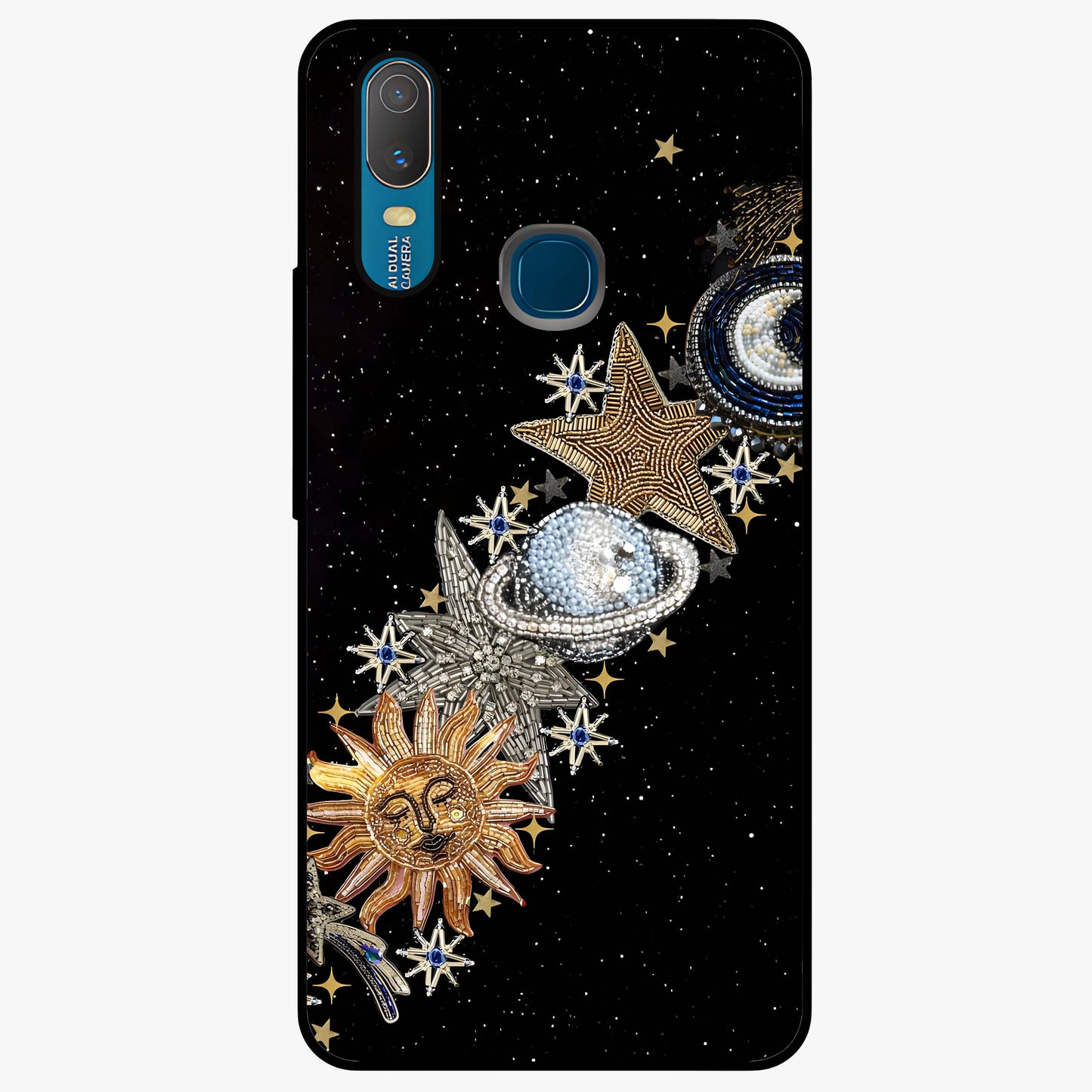 Pearls Universe Object Glass Case showing flat back view with pearl inspired cosmic artwork and glossy glass finish.