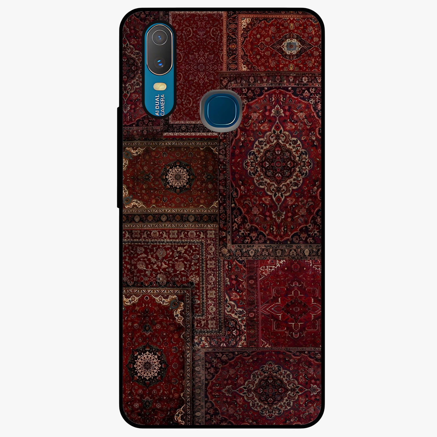 Persian Velvet Tale Glass Case showing flat back view with luxurious Persian velvet pattern artwork and glossy glass finish.