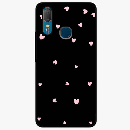 Pink Love Drops Glass Case showing flat back view with playful pink heart drops artwork and glossy glass finish.