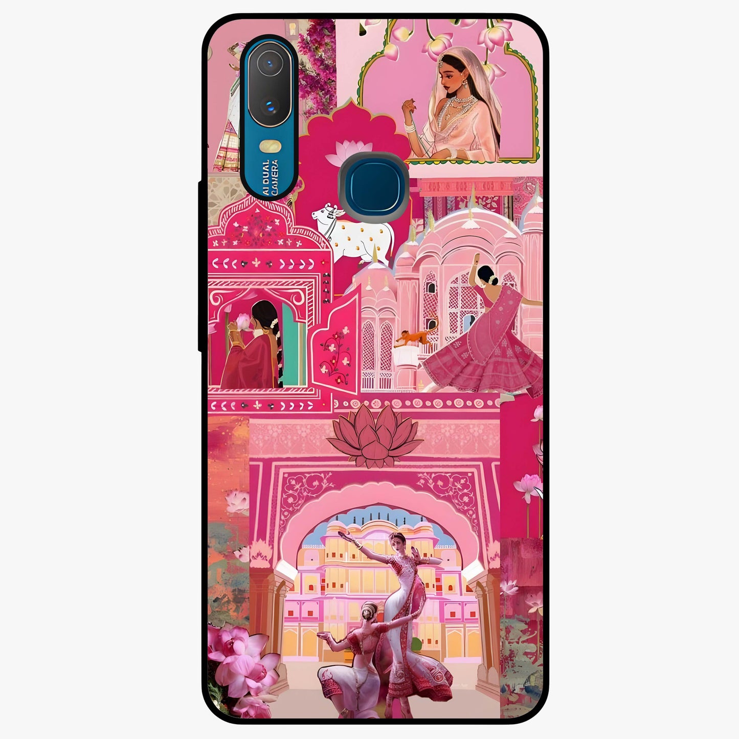 Pink Palace Muse Glass Case showing flat back view with elegant palace inspired artwork and glossy glass finish.
