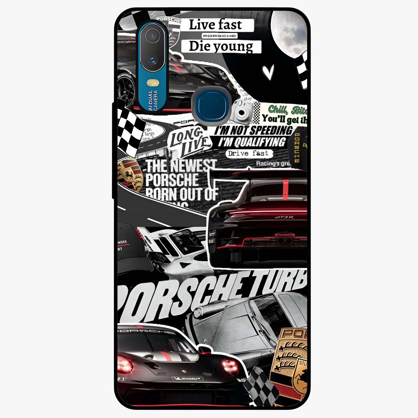 Porsche Racing Collage Glass Case showing flat back view with sports car racing collage artwork and glossy glass finish.