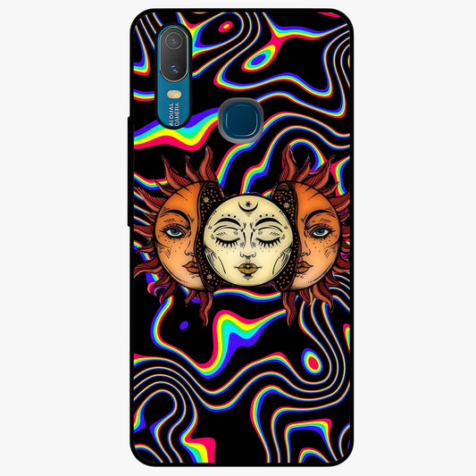 Psychedelic Sun Glass Case showing flat back view with colorful psychedelic sun artwork and glossy glass finish.