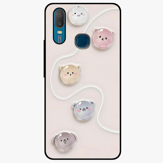 Puffy Face Parade Glass Case showing flat back view with cute puffy character faces artwork and glossy glass finish.