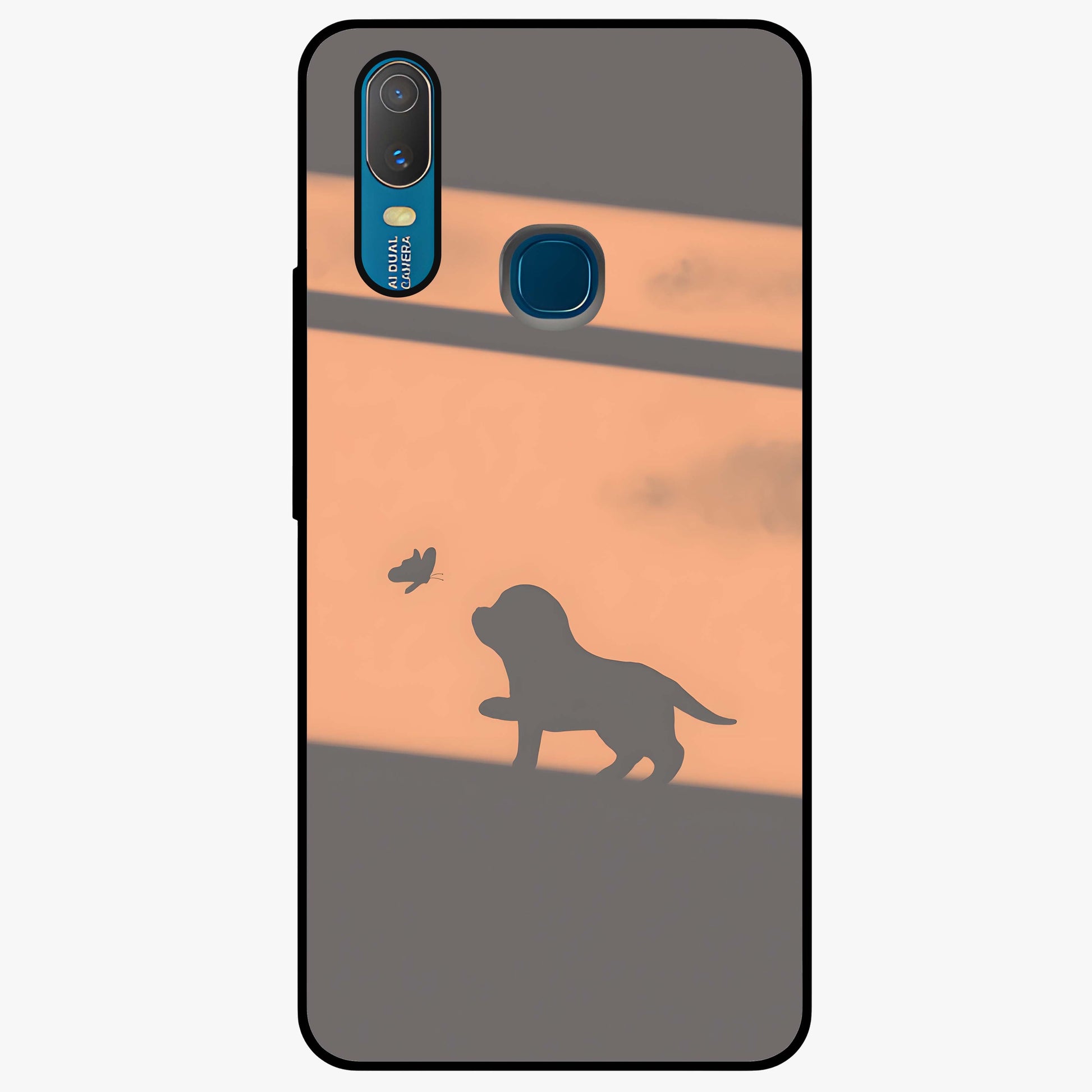 Puppy Shadow Art Glass Case showing flat back view with cute puppy shadow style artwork and glossy glass finish.