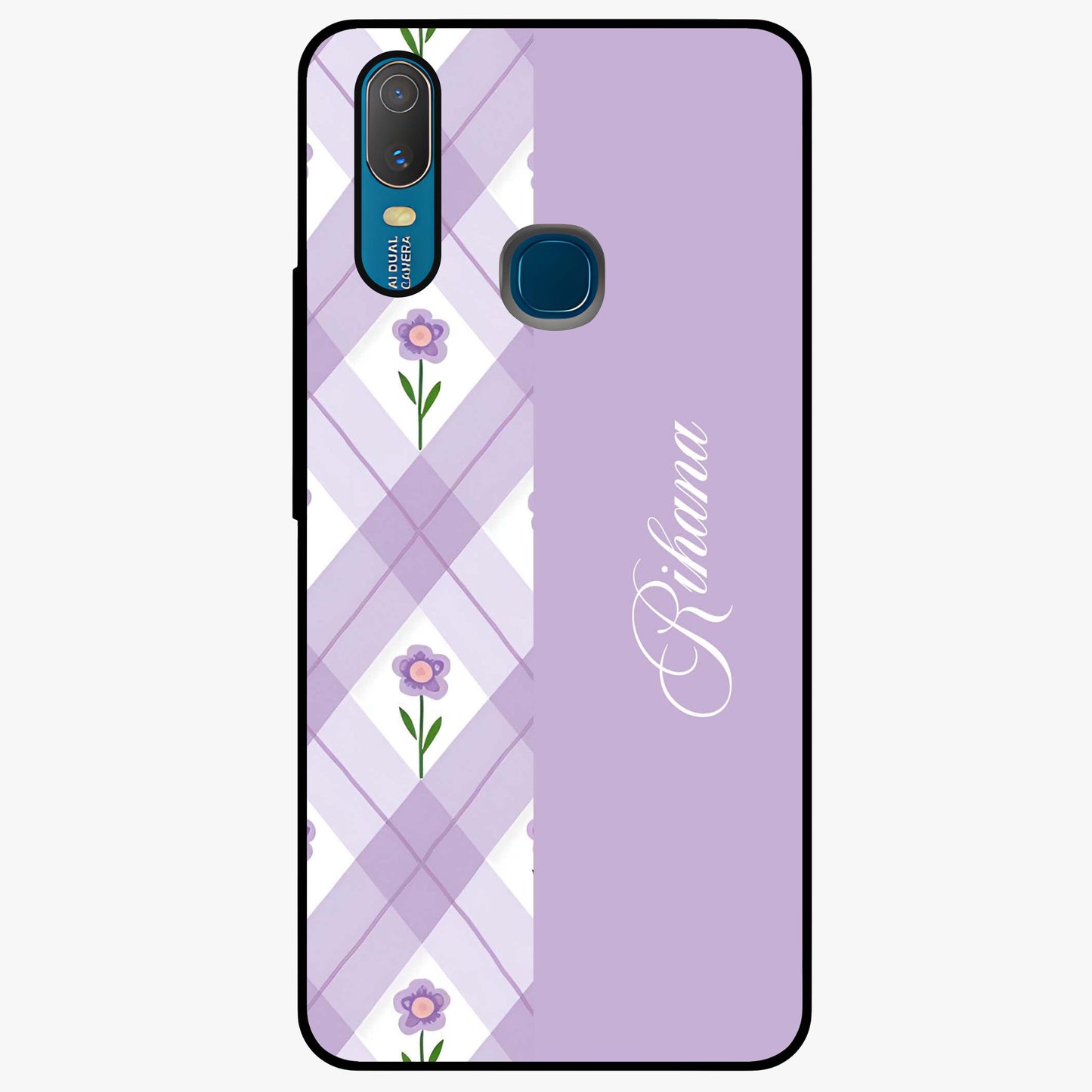 Purple Diamond Floral Glass Case showing flat back view with diamond shaped floral artwork and glossy glass finish.
