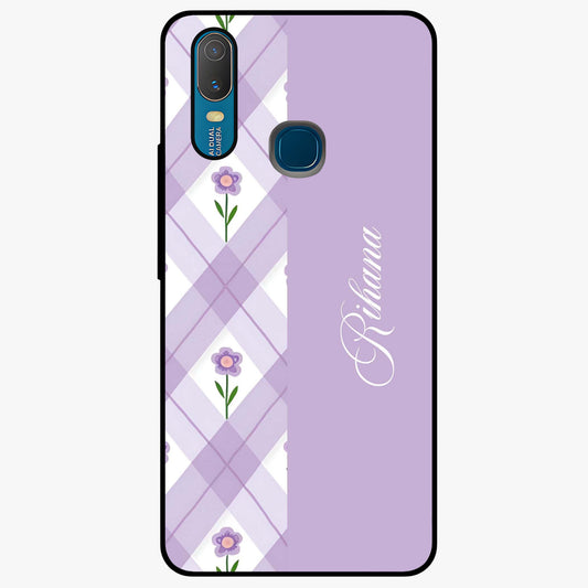 Purple Diamond Floral Glass Case showing flat back view with diamond shaped floral artwork and glossy glass finish.