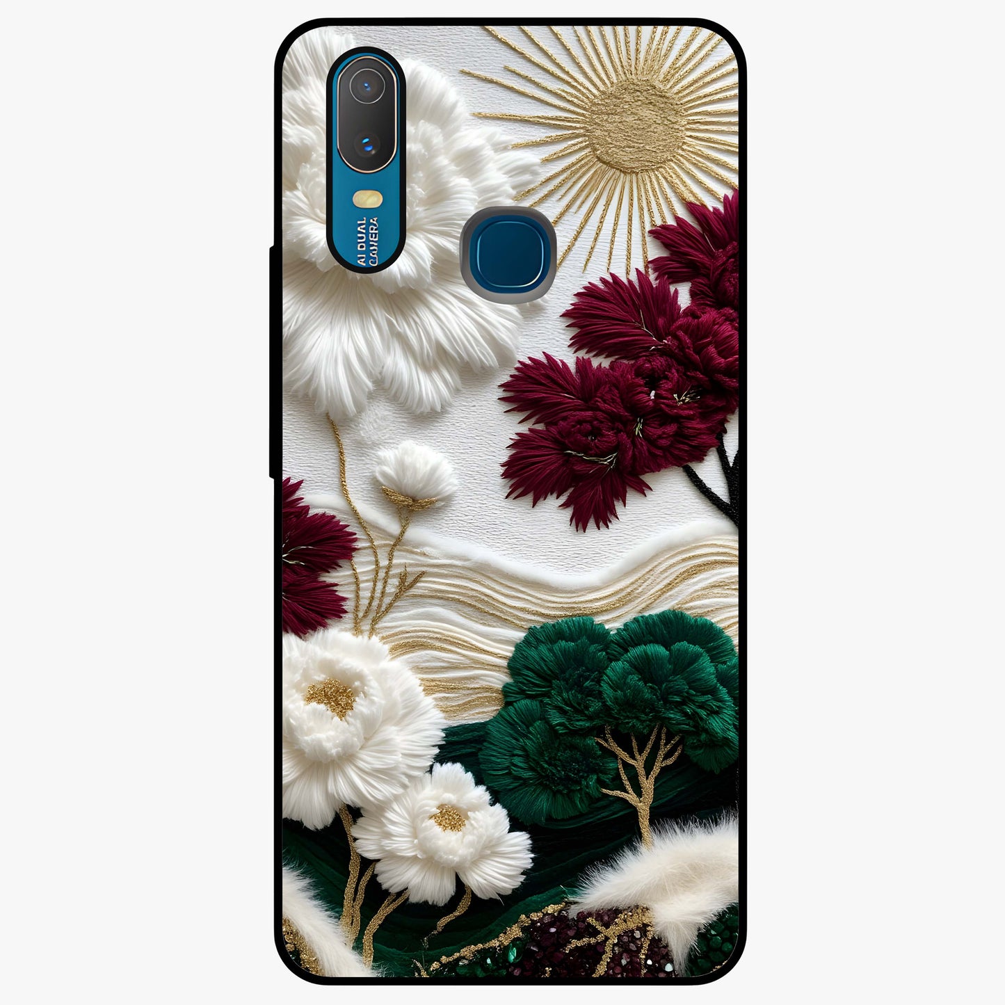 Radiant Bloom Elegance Glass Case showing flat back view with elegant blooming flower artwork and glossy glass finish.