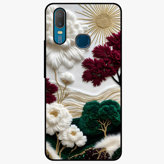 Radiant Bloom Elegance Glass Case showing flat back view with elegant blooming flower artwork and glossy glass finish.