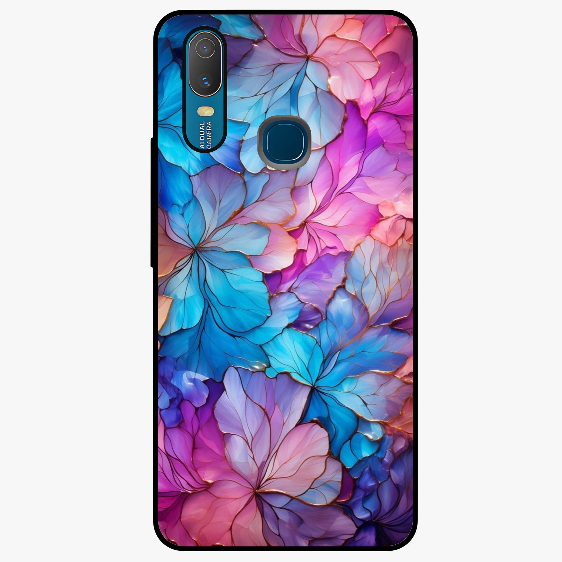 Radiant Floral Whirl Glass Case showing flat back view with swirling floral artwork and glossy glass finish.