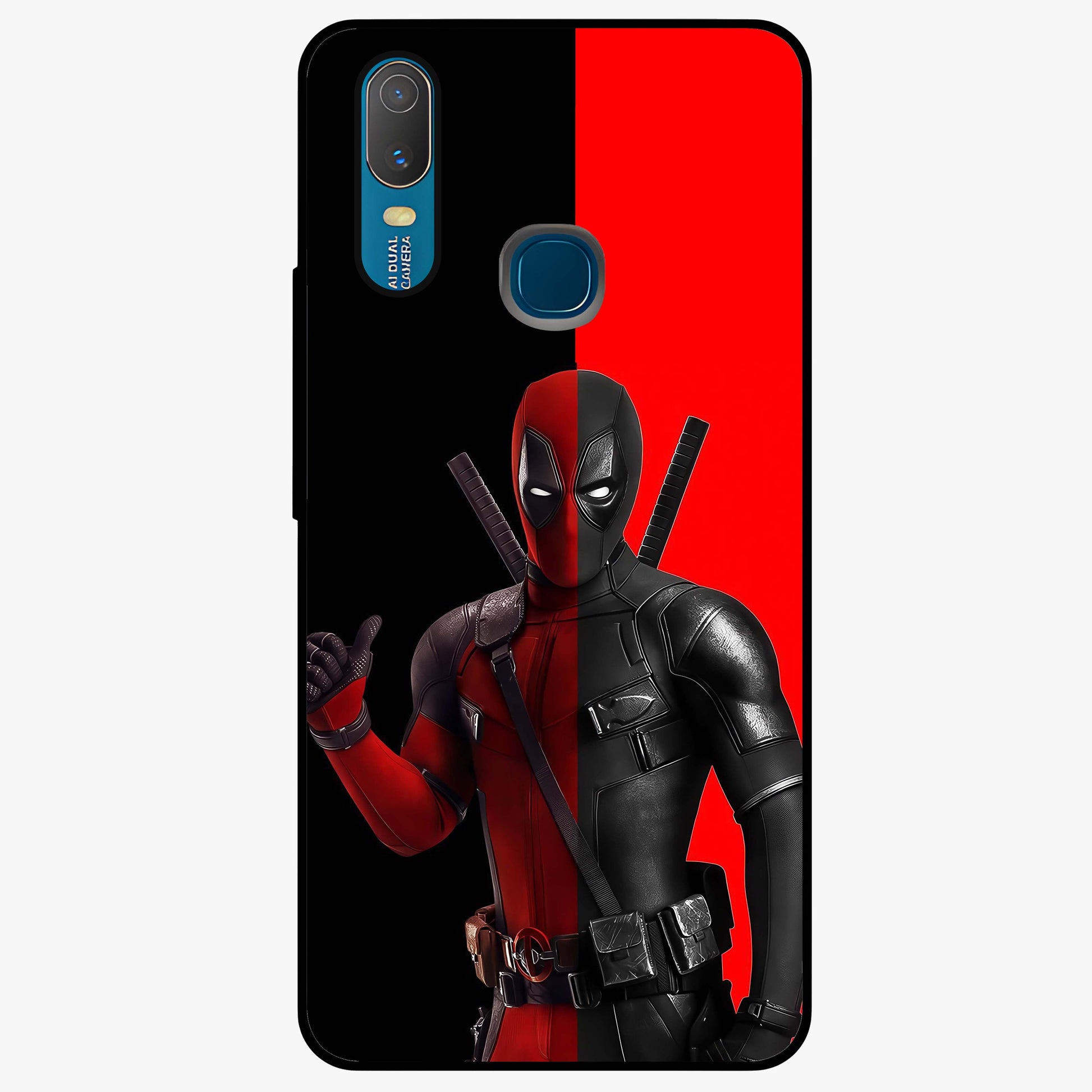 Red & Black Deadpool Theme Glass Case showing flat back view with bold comic inspired artwork and glossy glass finish.