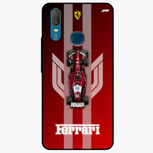 Red Ferrari F1 Vertical Glass Case showing flat back view with sleek Formula racing car artwork and glossy glass finish.
