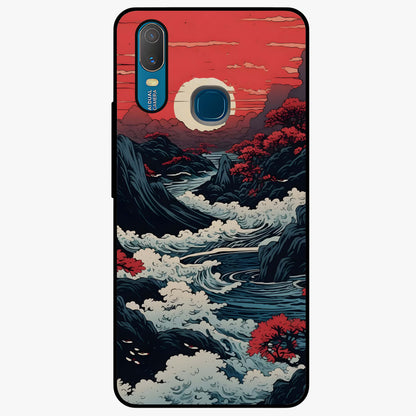 Red Sunset Scenery Glass Case showing flat back view with vibrant sunset landscape artwork and glossy glass finish.