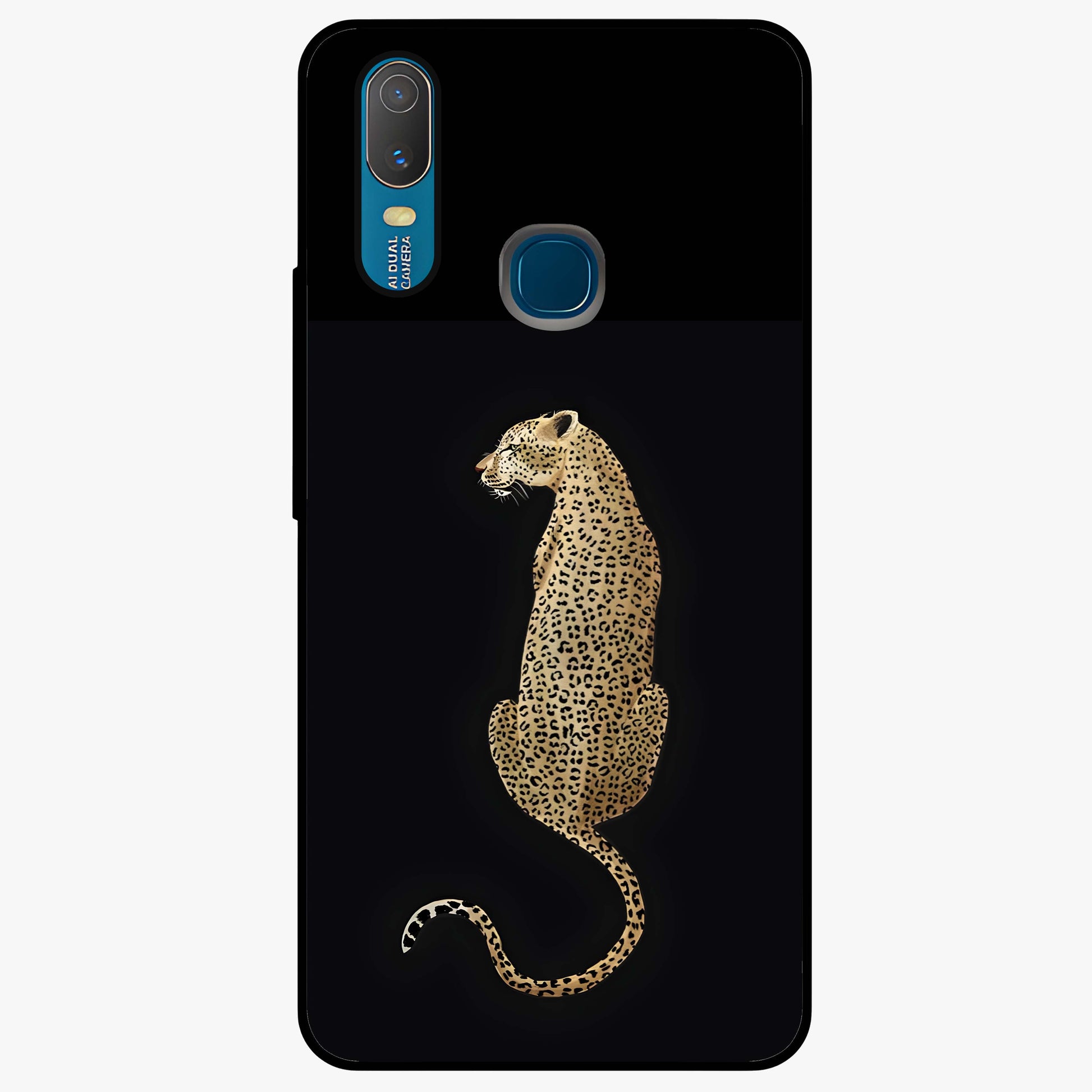 Regal Leopard Glass Case showing flat back view with bold leopard artwork and glossy glass finish.