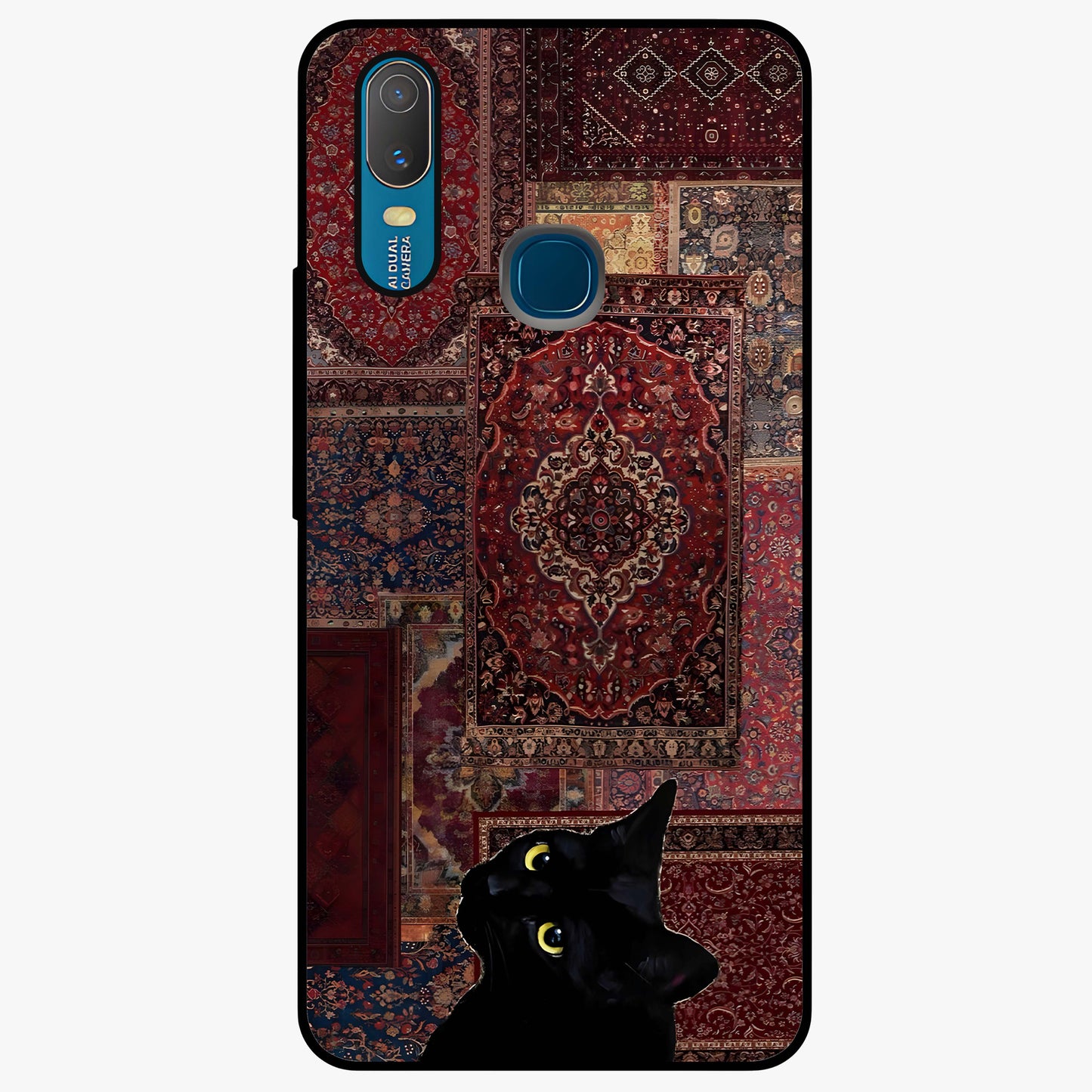Regal Magic Cat Apple Glass Case showing flat back view with magical cat artwork holding apple and glossy glass finish.